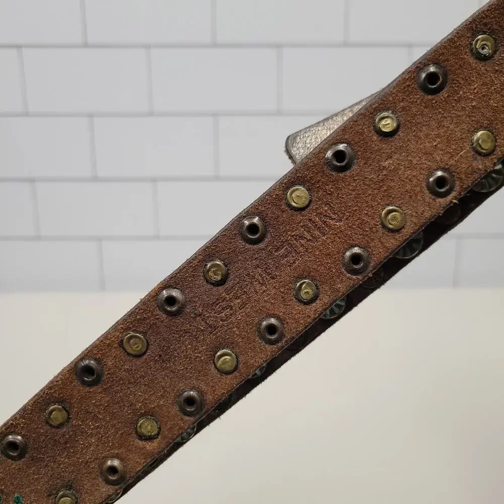 Nine West Brown Leather Studded Belt Turquoise Buckle Women's Size L/XL